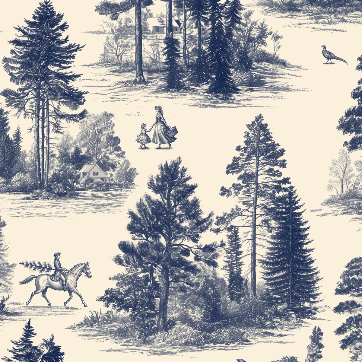 Fir Forest Toile Christmas table runner print in navy on ivory