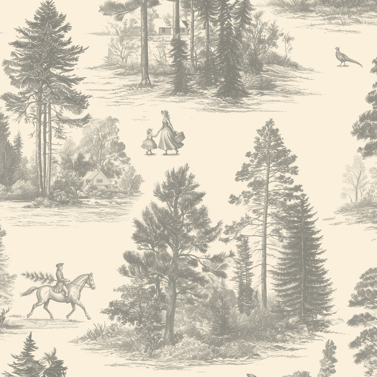 Fir Forest Toile Christmas table runner print in silver grey on ivory