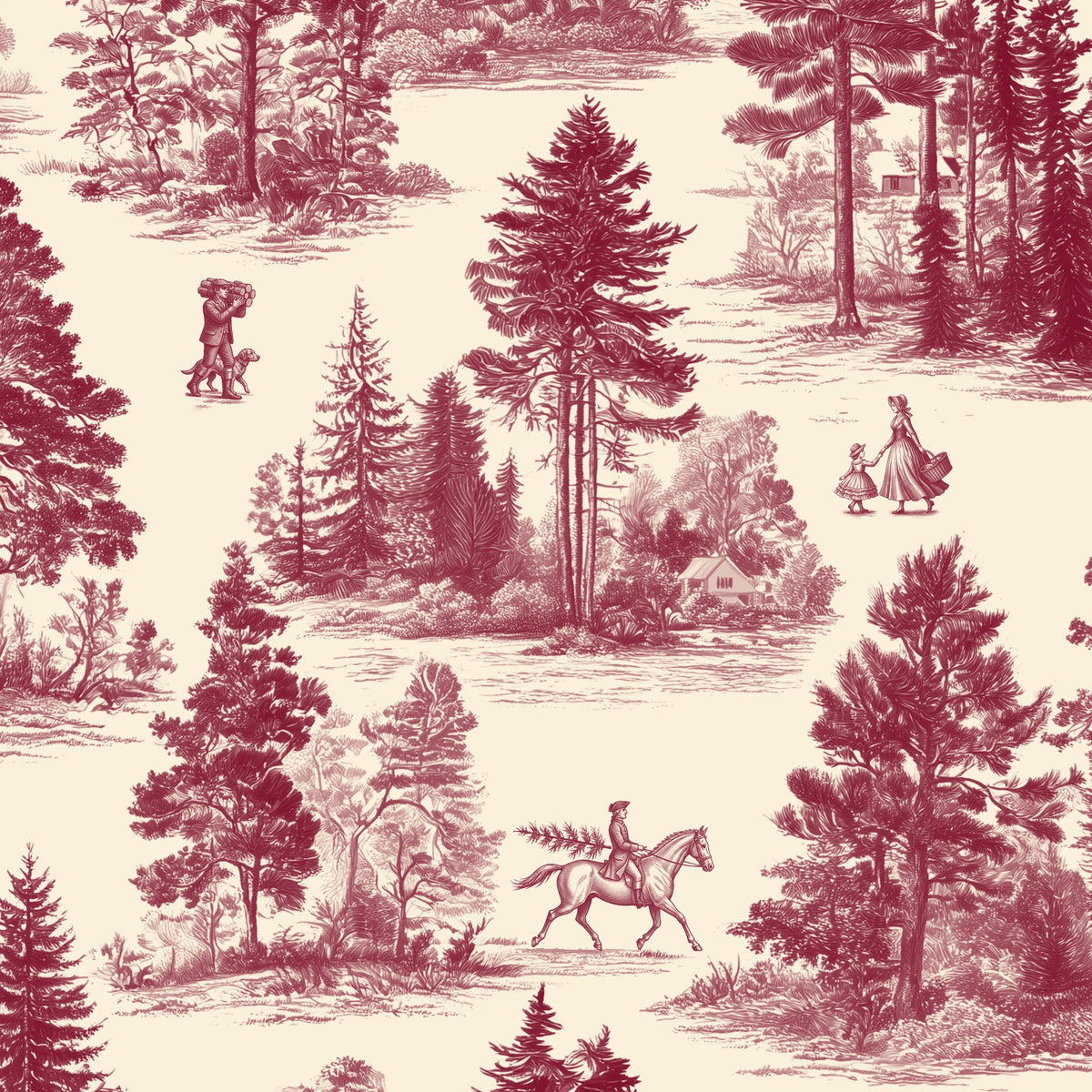 Fir Forest Toile Christmas tablecloth print in burgundy on ivory