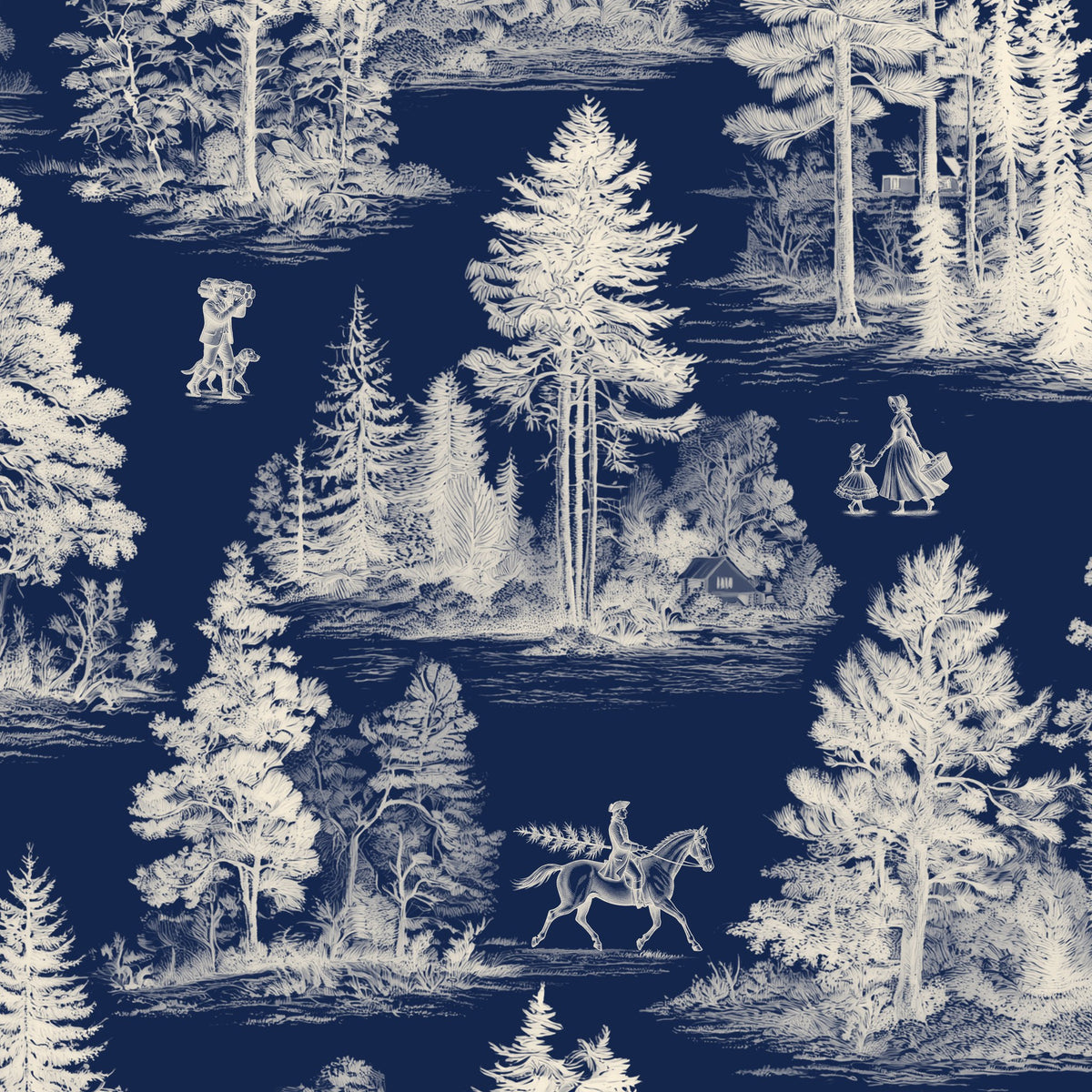 Fir Forest Toile Christmas tablecloth print in ivory on navy