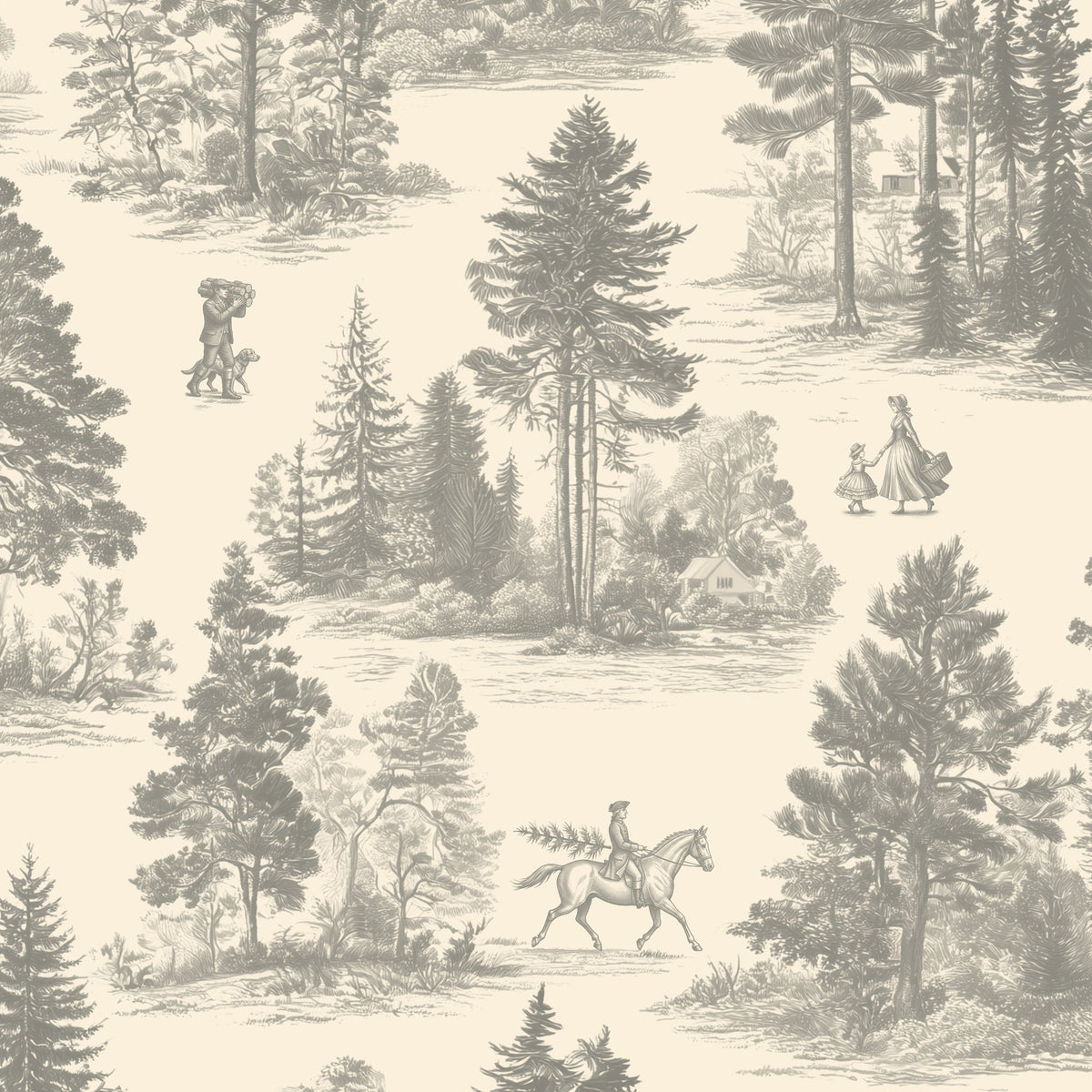 Fir Forest Toile Christmas tablecloth print in silver grey on ivory