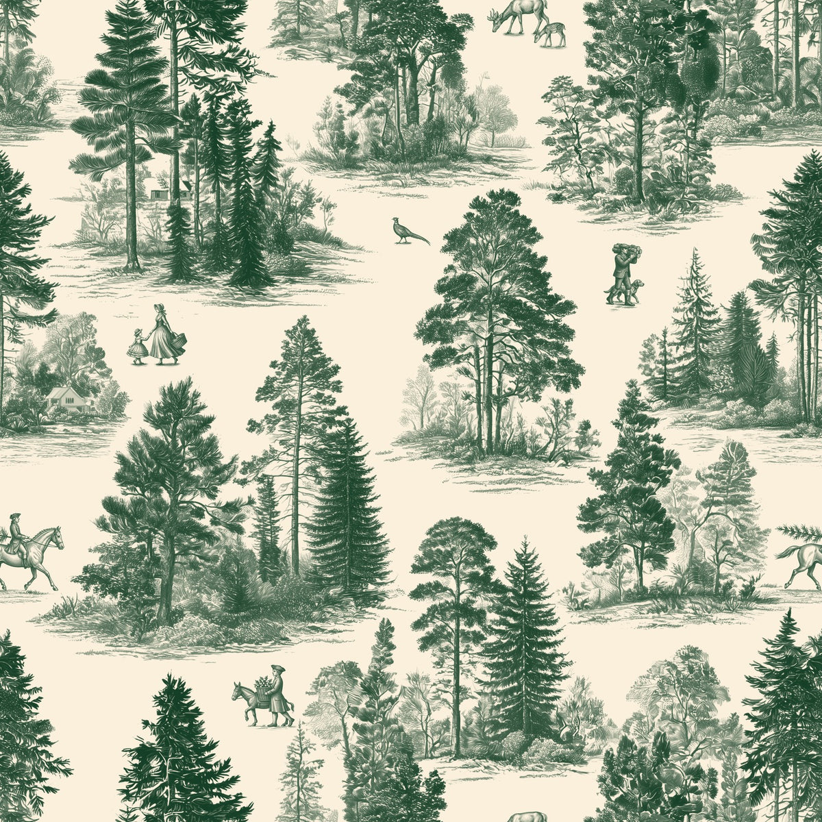 Fir Forest Toile Christmas print: fir and pine woods in green on ivory