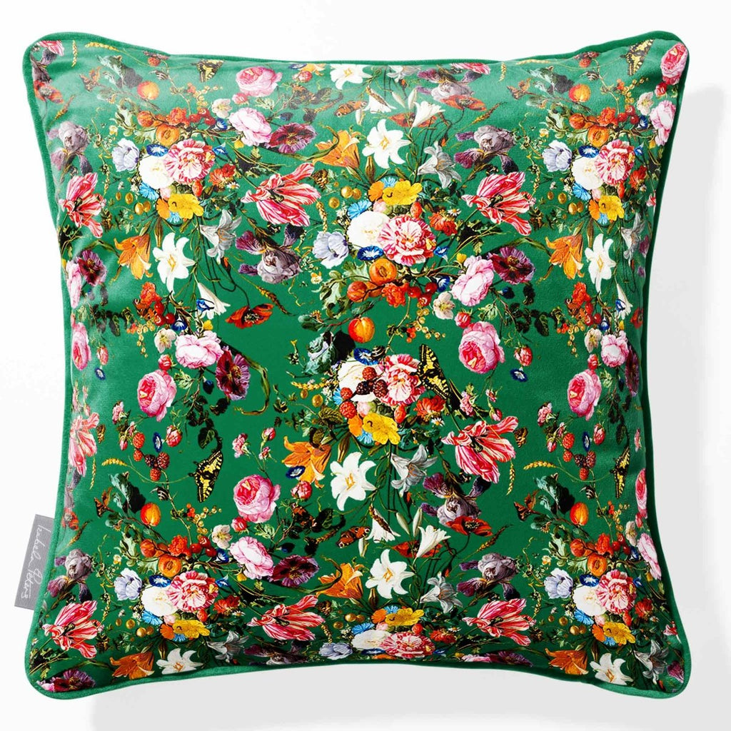 Floral Dream | Sustainable Velvet Cushion - Emerald Green 40 x 40 cm Piped by Izabela Peters