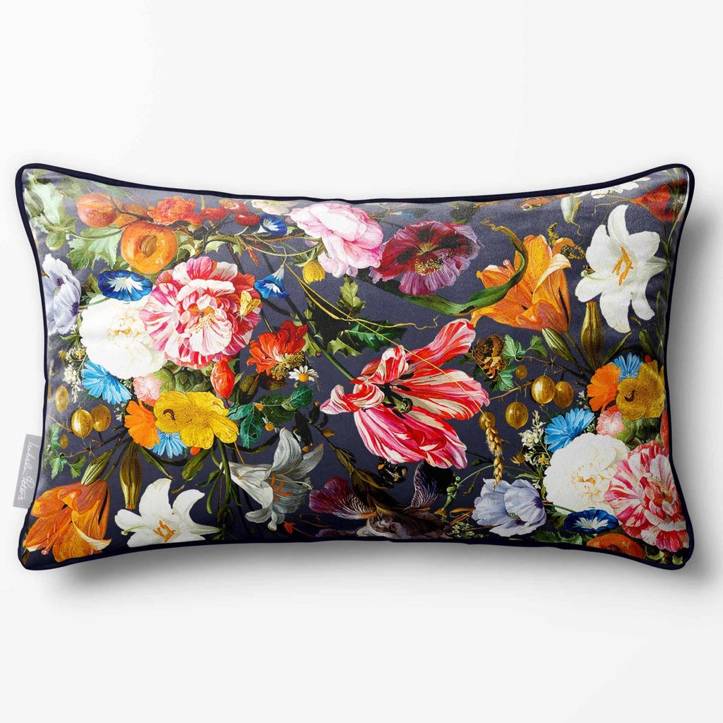 Floral Dream | Sustainable Velvet Rectangle Cushion - Graphite 50 x 30 cm Piped by Izabela Peters