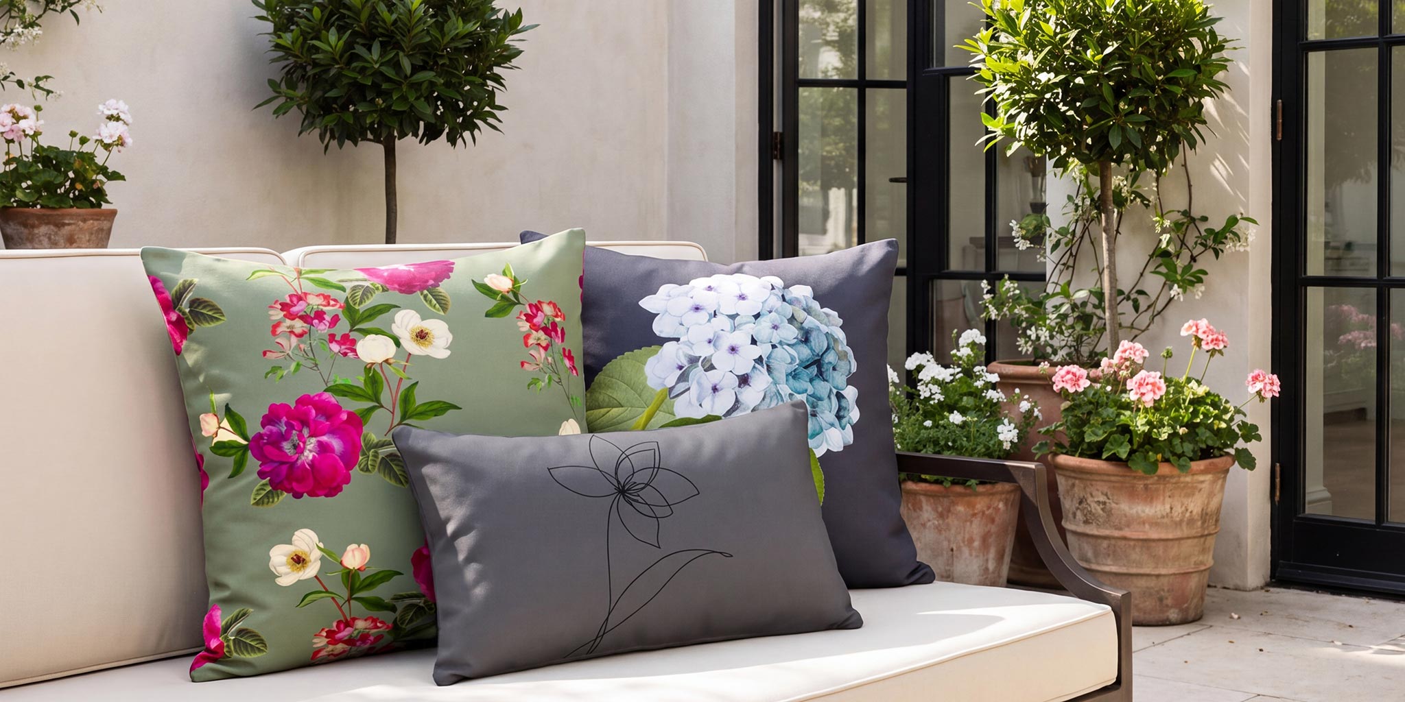 Izabela Peters Floral Glade, Hydrangea and Flower outdoor cushions on a Chelsea townhouse terrace