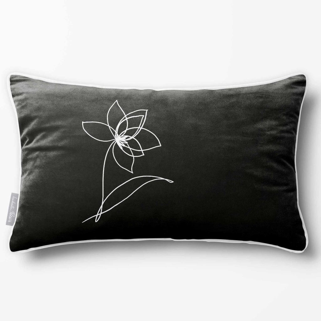 Flower | Sustainable Velvet Rectangle Cushion - Black & White 50 x 30 cm Piped by Izabela Peters