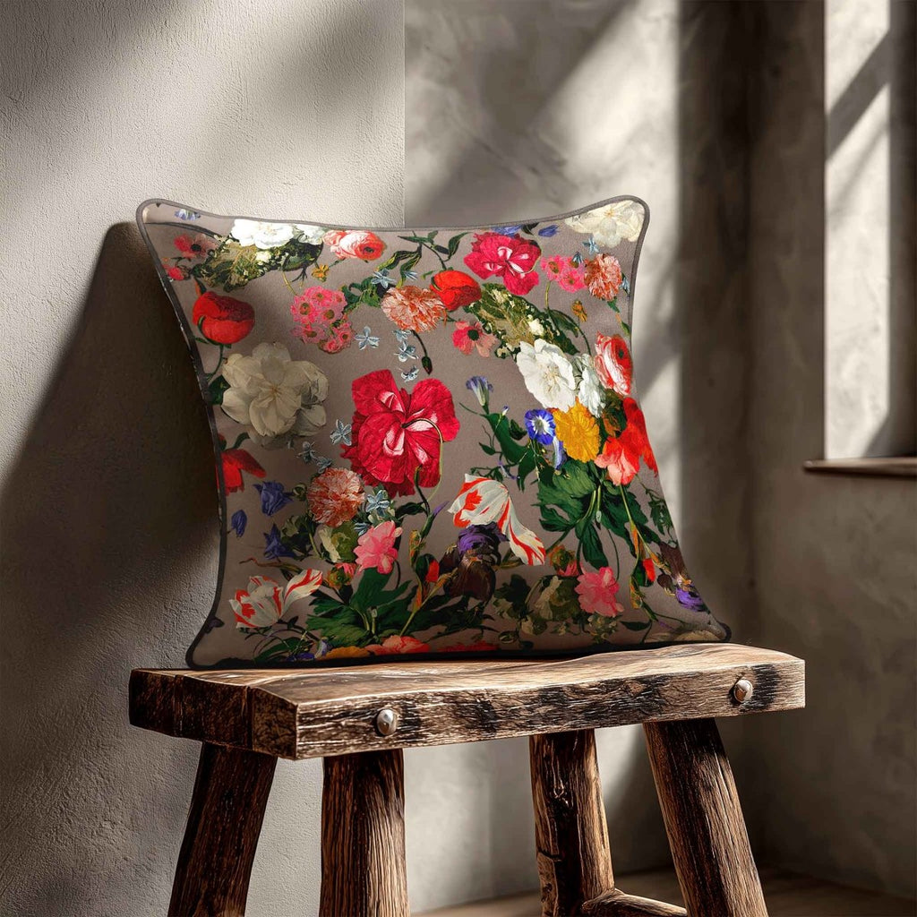 Garden Bouquet | Sustainable Velvet Cushion - Dovedale Stone 40 x 40 cm Piped by Izabela Peters