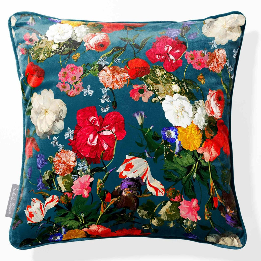 Garden Bouquet | Sustainable Velvet Cushion - Teal 40 x 40 cm Piped by Izabela Peters