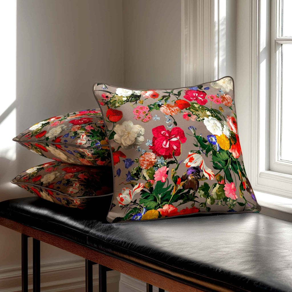Garden Bouquet | Sustainable Velvet Cushion - Dovedale Stone 40 x 40 cm Piped by Izabela Peters
