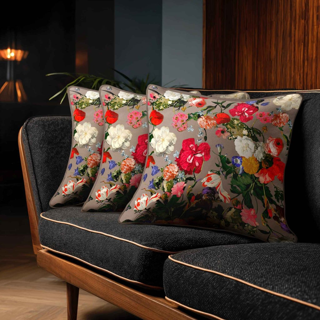 Garden Bouquet | Sustainable Velvet Cushion - Dovedale Stone 40 x 40 cm Piped by Izabela Peters