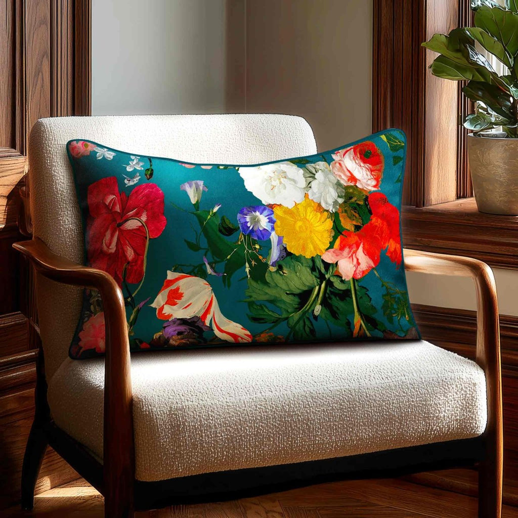 Garden Bouquet | Sustainable Velvet Rectangle Cushion - Teal 50 x 30 cm Standard by Izabela Peters