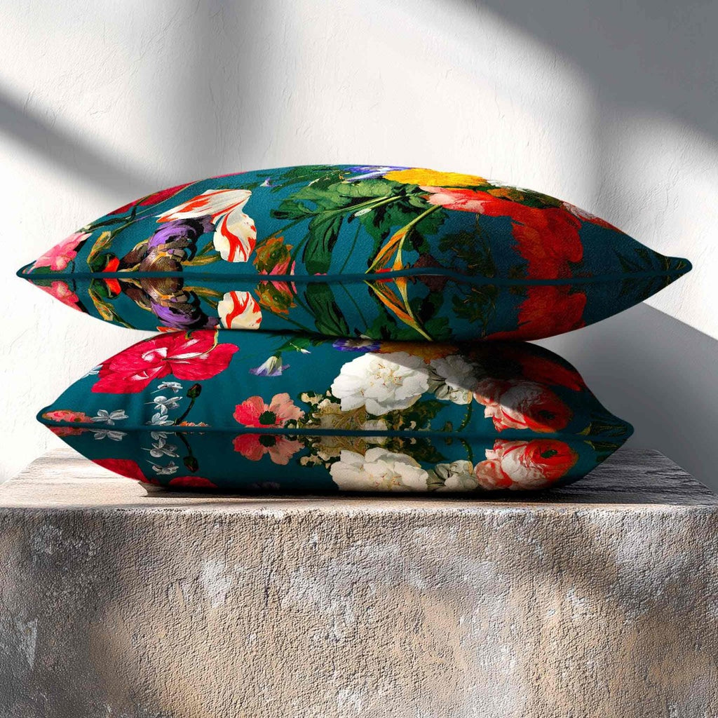 Garden Bouquet | Sustainable Velvet Rectangle Cushion - Teal 50 x 30 cm Standard by Izabela Peters