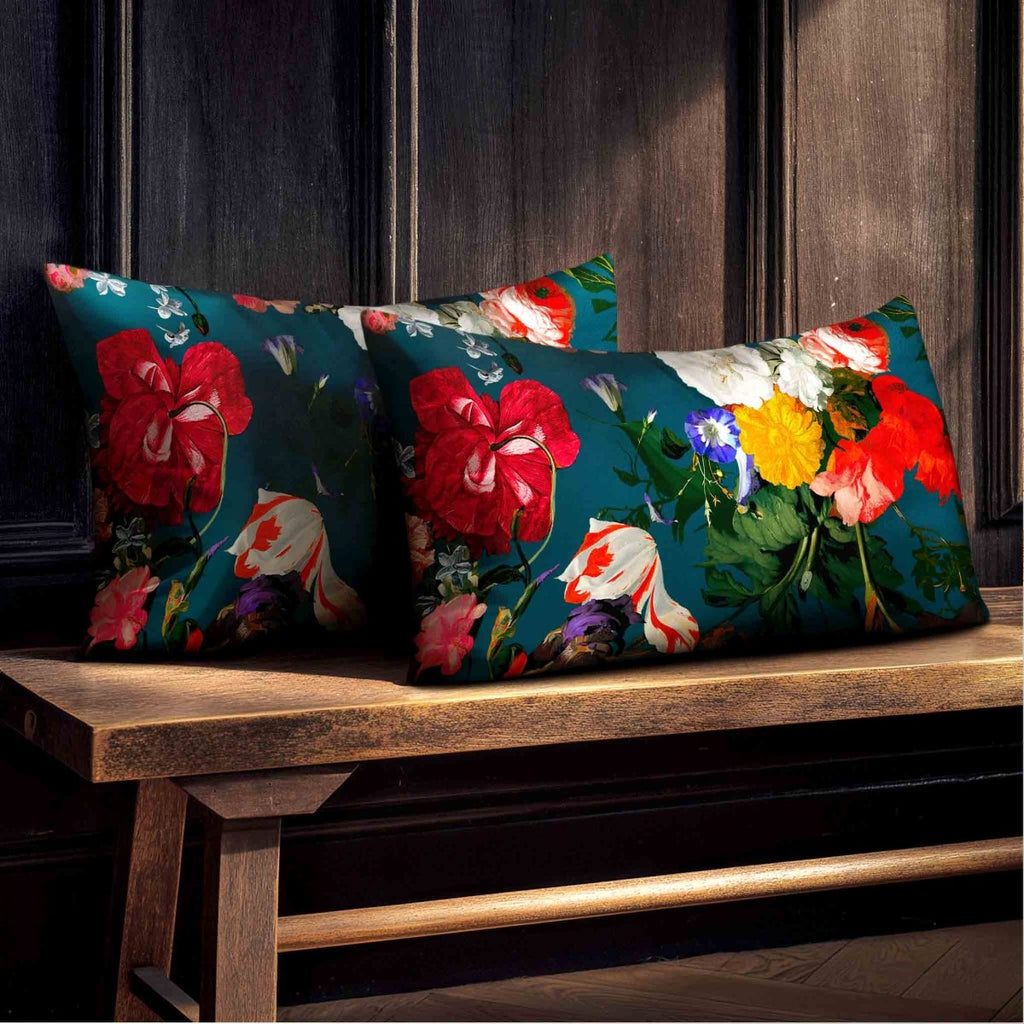 Garden Bouquet | Sustainable Velvet Rectangle Cushion - Teal 50 x 30 cm Standard by Izabela Peters