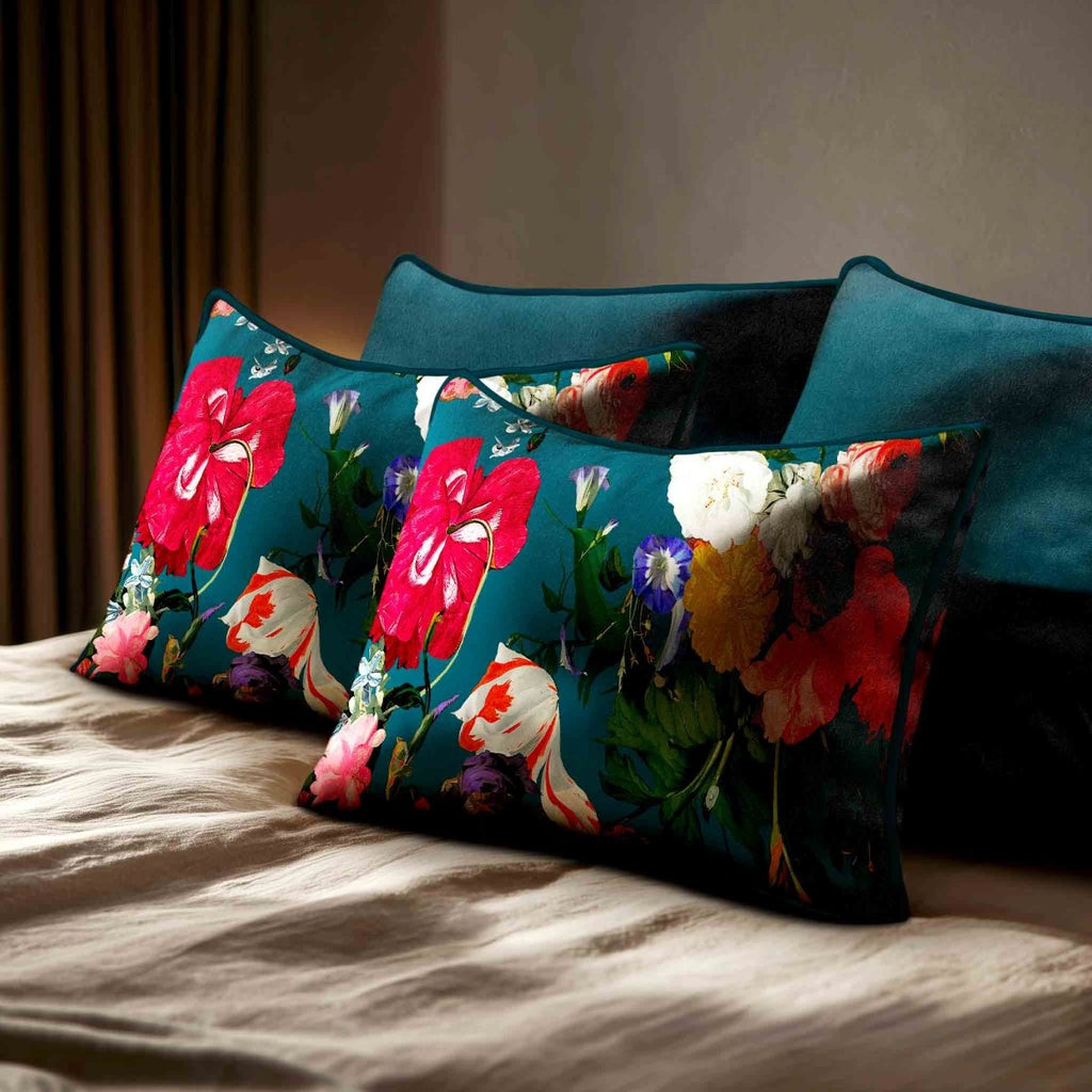 Garden Bouquet | Sustainable Velvet Rectangle Cushion - Teal 50 x 30 cm Standard by Izabela Peters