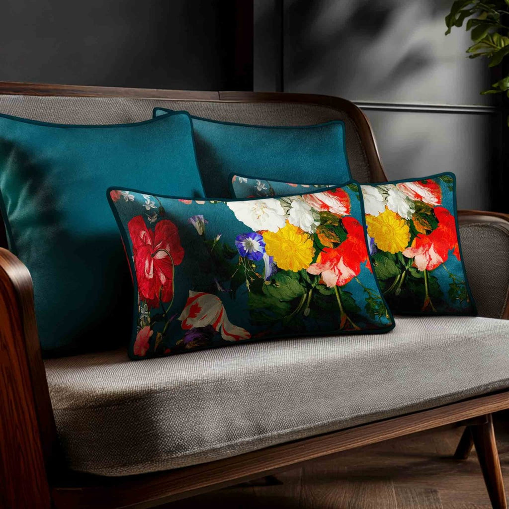 Garden Bouquet | Sustainable Velvet Rectangle Cushion - Teal 50 x 30 cm Standard by Izabela Peters