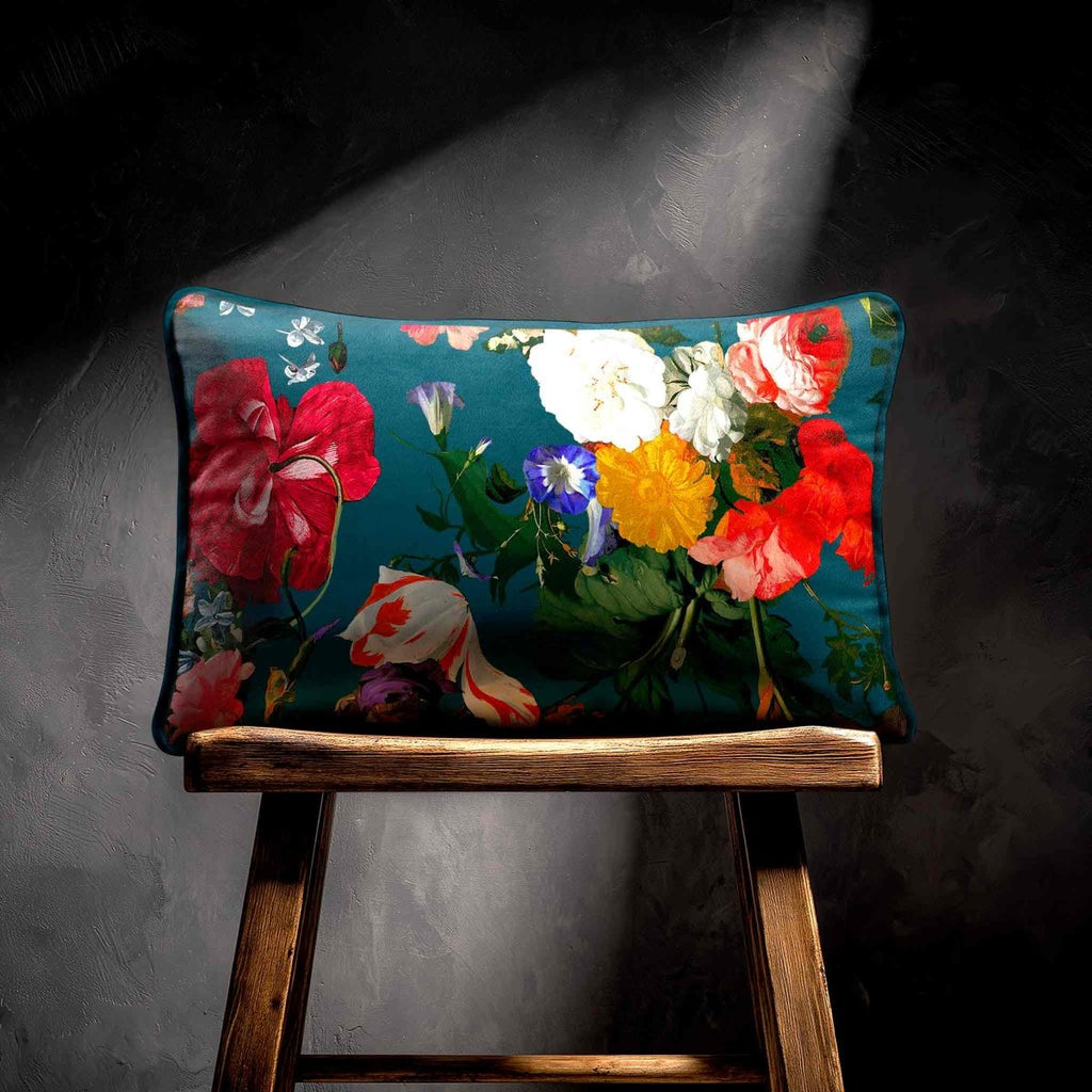 Garden Bouquet | Sustainable Velvet Rectangle Cushion - Teal 50 x 30 cm Standard by Izabela Peters
