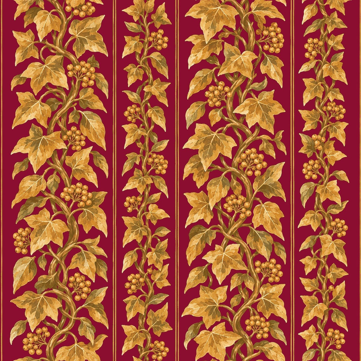 Gilded Ivy Christmas print: stripes of gold ivy on deep burgundy