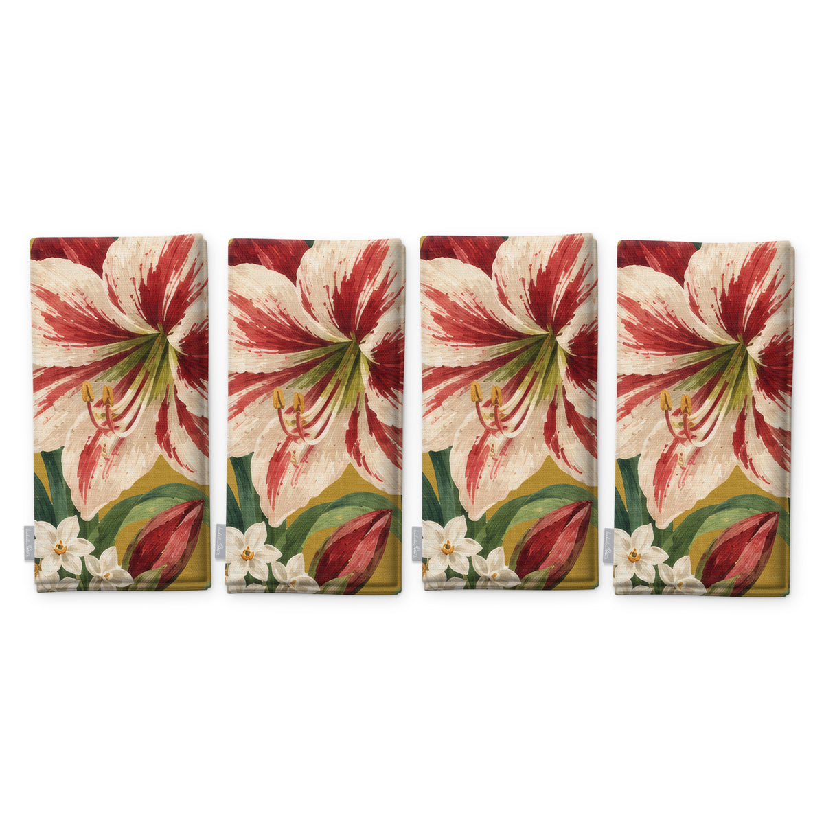 Gold Amaryllis Christmas napkins, set of four, folded on white, showing the same amaryllis flower