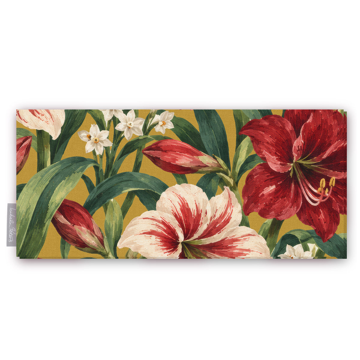 Gold Amaryllis Christmas table runner folded on white, showing amaryllis flowers among long leaves