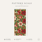 Pattern scale of the Amaryllis Christmas table runner in gold across its 44 cm width, with care notes