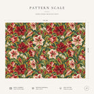 Pattern scale of the Amaryllis Christmas tablecloth in gold across its 144 cm width, with care notes