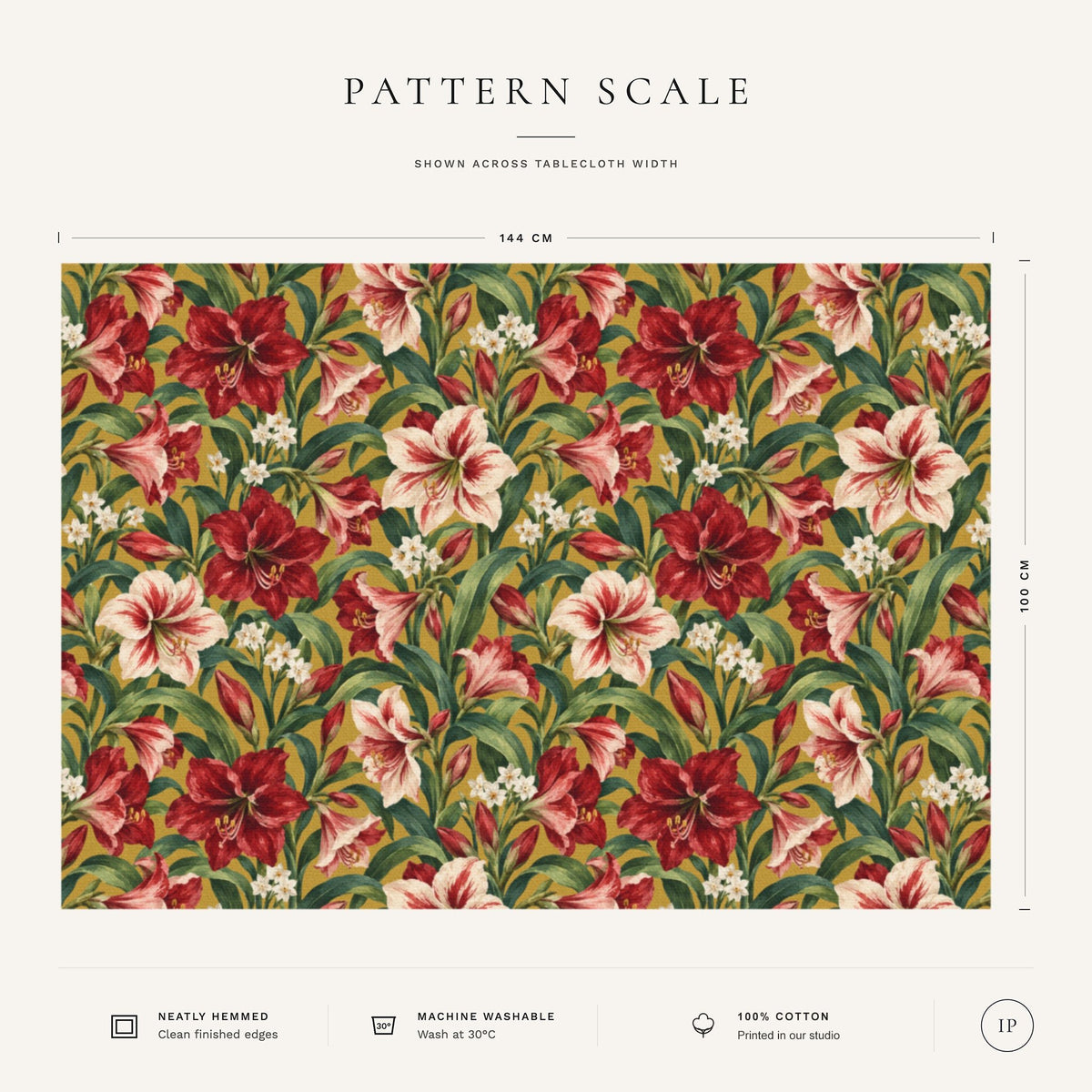 Pattern scale of the Amaryllis Christmas tablecloth in gold across its 144 cm width, with care notes