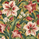 Close-up of the gold Amaryllis Christmas tablecloth print on cotton, showing amaryllis flowers among long leaves