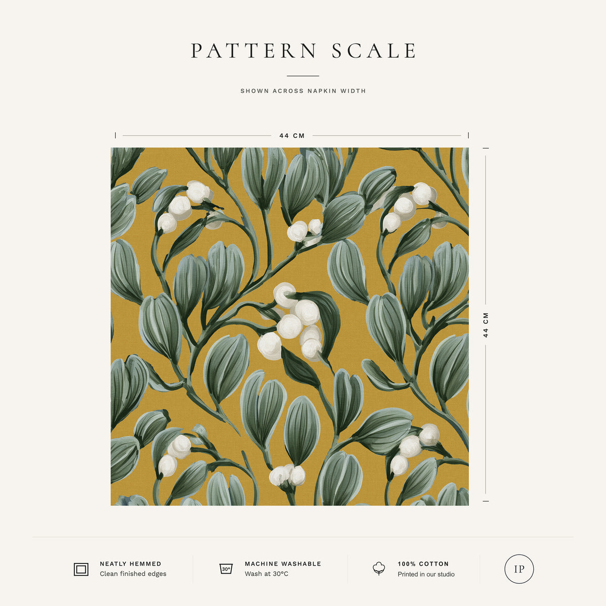 Gold Mistletoe Christmas napkin pattern scale, showing the full 44 cm by 44 cm design.