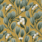 Close-up of the gold Mistletoe Christmas napkin print on cotton, showing sprigs of mistletoe with white berries