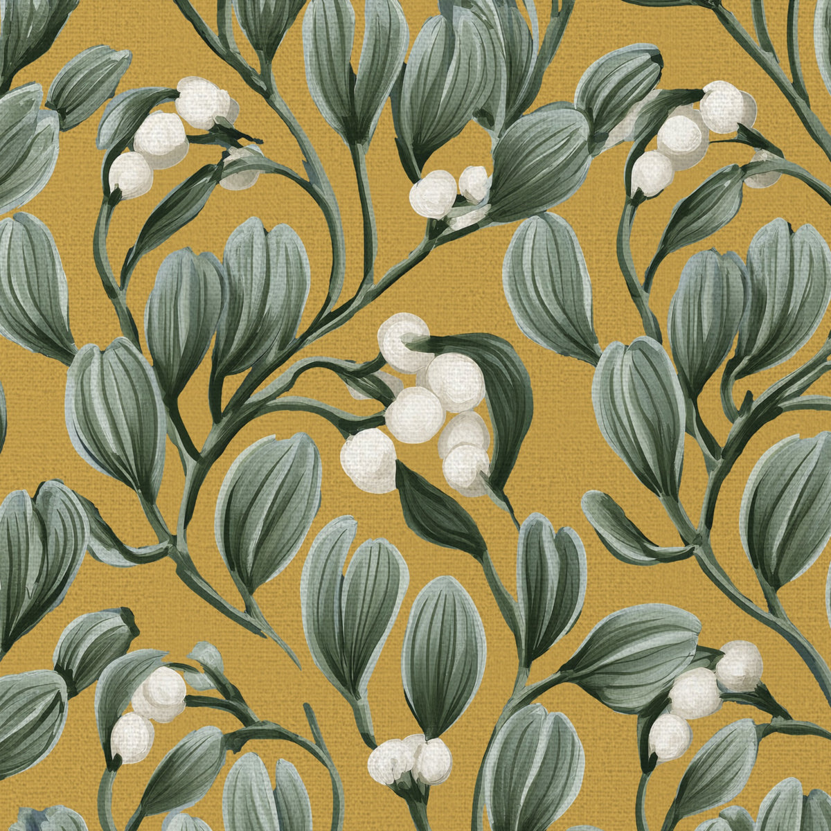 Close-up of the gold Mistletoe Christmas napkin print on cotton, showing sprigs of mistletoe with white berries