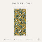 Pattern scale of the Mistletoe Christmas table runner in gold across its 44 cm width, with care notes