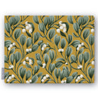 Gold Mistletoe Christmas tablecloth folded on white, showing sprigs of mistletoe with white berries