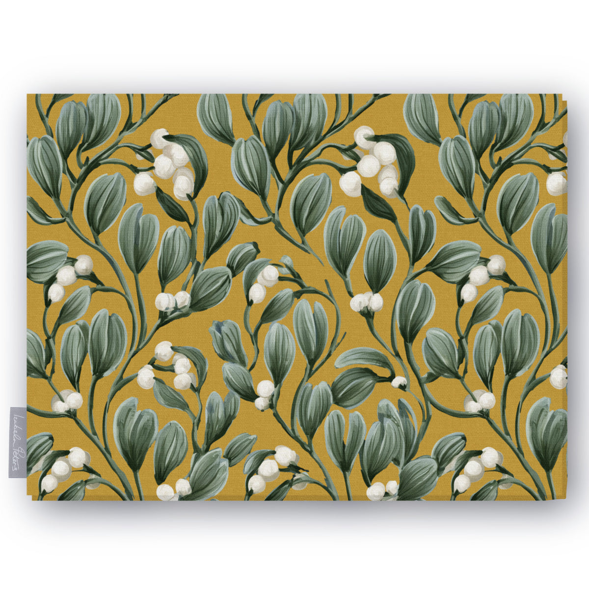 Gold Mistletoe Christmas tablecloth folded on white, showing sprigs of mistletoe with white berries