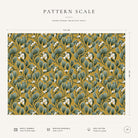 Pattern scale of the Mistletoe Christmas tablecloth in gold across its 144 cm width, with care notes