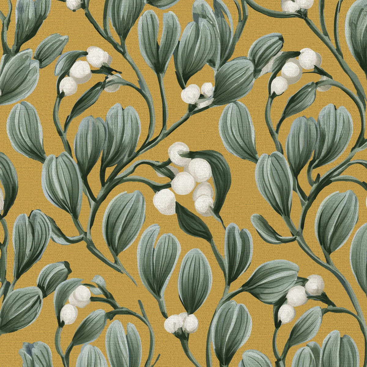 Close-up of the gold Mistletoe Christmas tablecloth print on cotton, showing sprigs of mistletoe with white berries