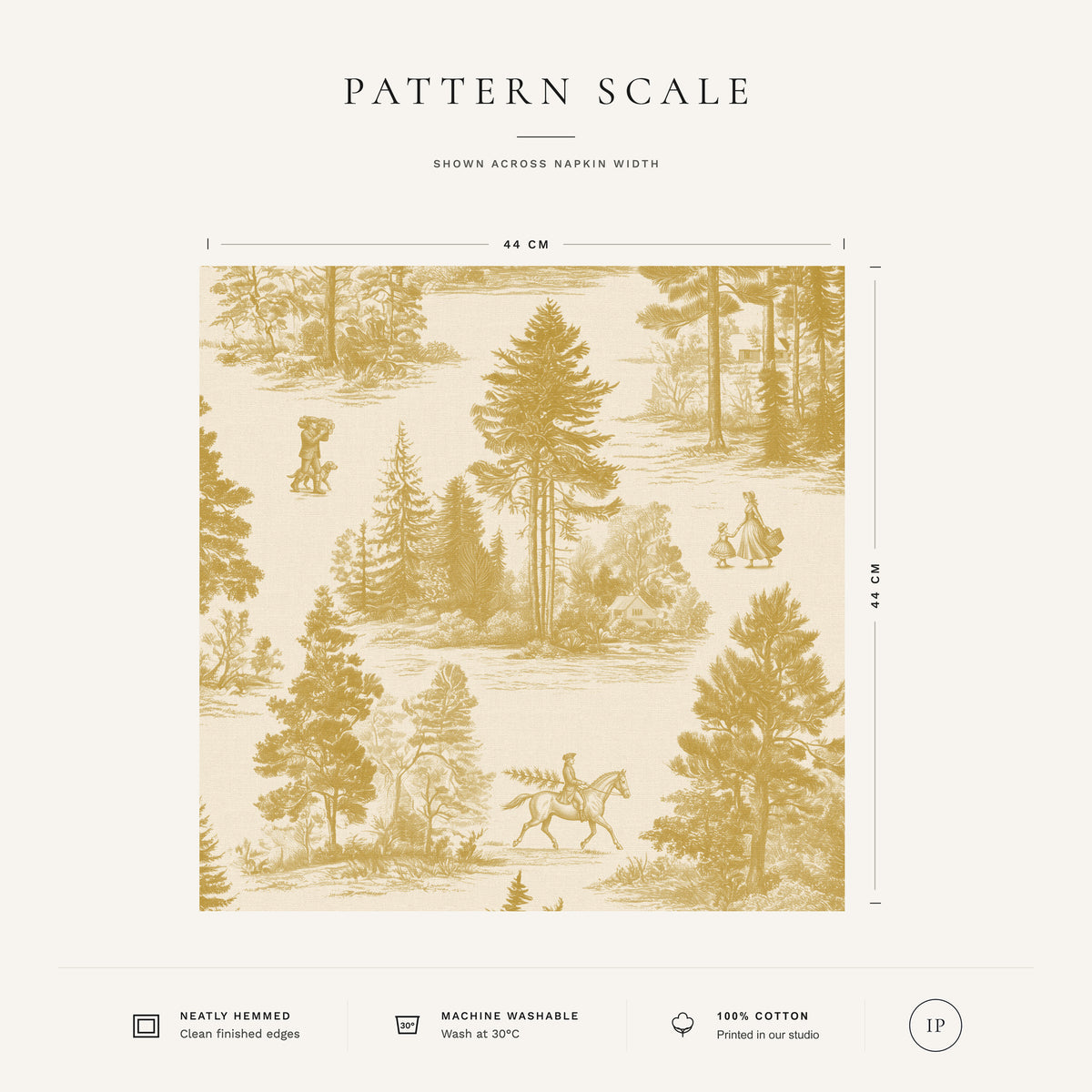 Gold on ivory Fir Forest Toile Christmas napkin pattern scale, showing the full 44 cm by 44 cm design.