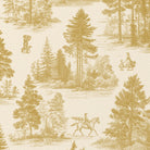 Close-up of the Fir Forest Toile Christmas napkin print in gold on ivory cotton, showing fir trees and a rider