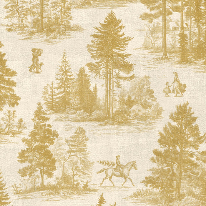 Close-up of the Fir Forest Toile Christmas napkin print in gold on ivory cotton, showing fir trees and a rider
