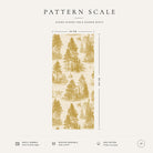 Pattern scale of the Fir Forest Toile Christmas table runner in gold on ivory across its 44 cm width, with care notes