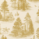 Close-up of the Fir Forest Toile Christmas table runner print in gold on ivory cotton, showing fir trees and a rider