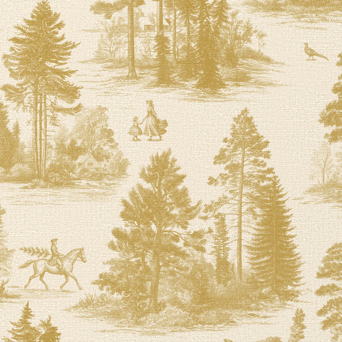Close-up of the Fir Forest Toile Christmas table runner print in gold on ivory cotton, showing fir trees and a rider