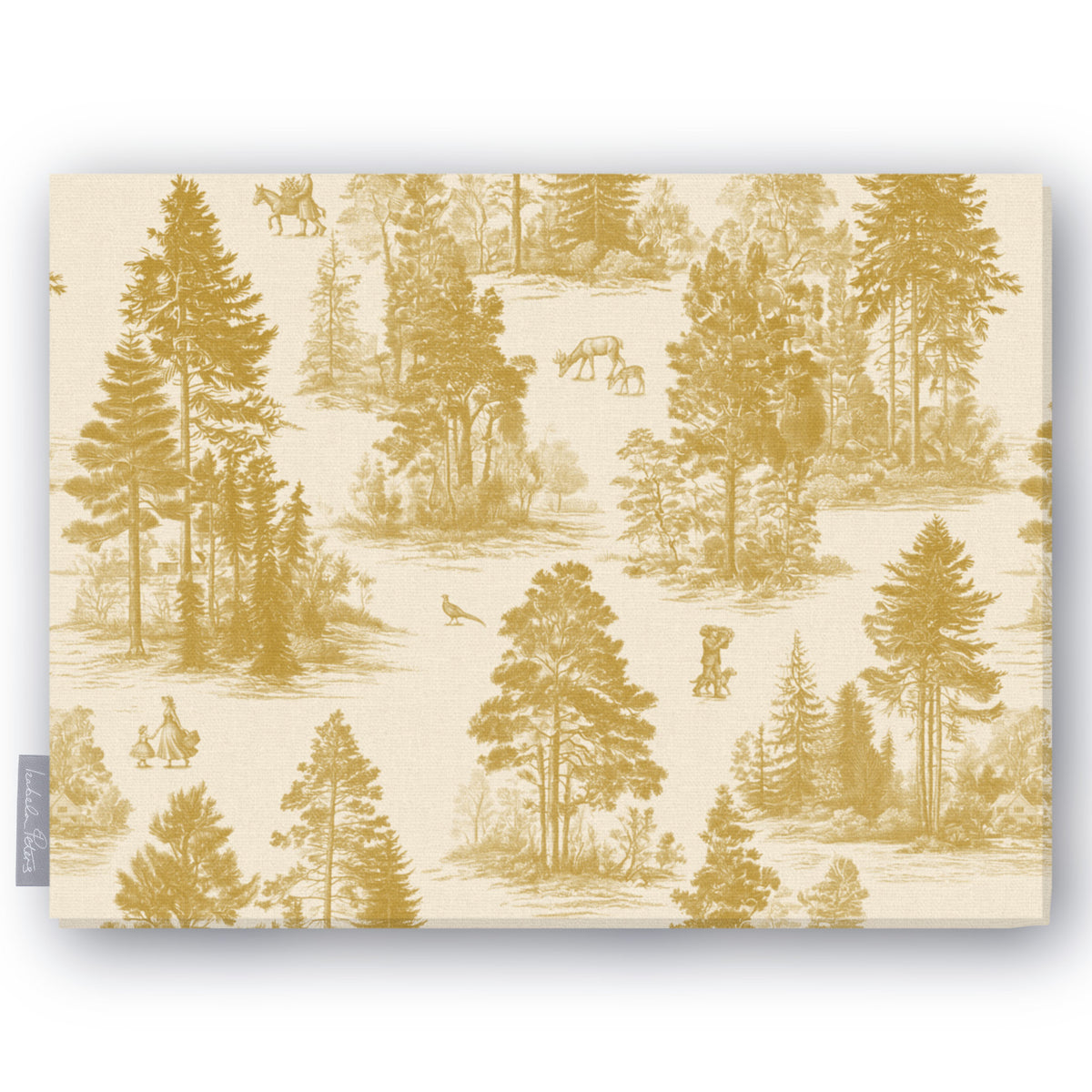 Fir Forest Toile Christmas tablecloth in gold on ivory, folded on white, showing fir trees, a rider and figures in the forest