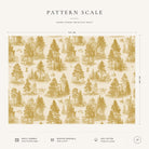 Pattern scale of the Fir Forest Toile Christmas tablecloth in gold on ivory across its 144 cm width, with care notes