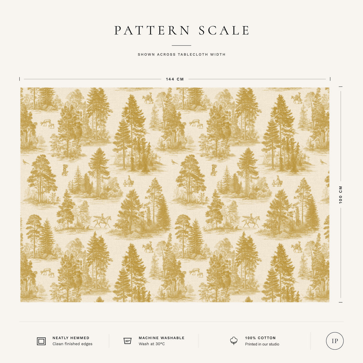 Pattern scale of the Fir Forest Toile Christmas tablecloth in gold on ivory across its 144 cm width, with care notes