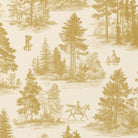 Close-up of the Fir Forest Toile Christmas tablecloth print in gold on ivory cotton, showing fir trees and a rider
