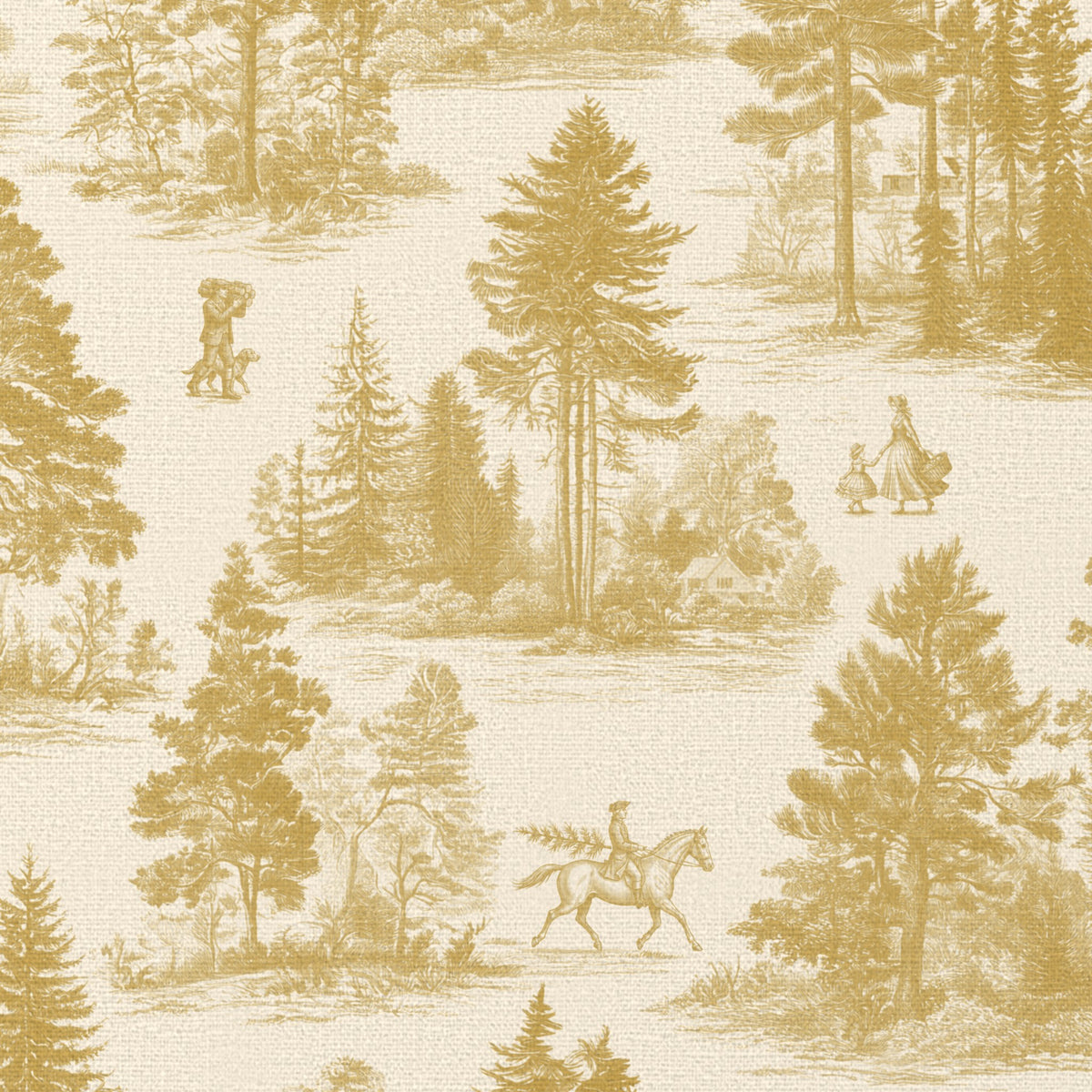 Close-up of the Fir Forest Toile Christmas tablecloth print in gold on ivory cotton, showing fir trees and a rider