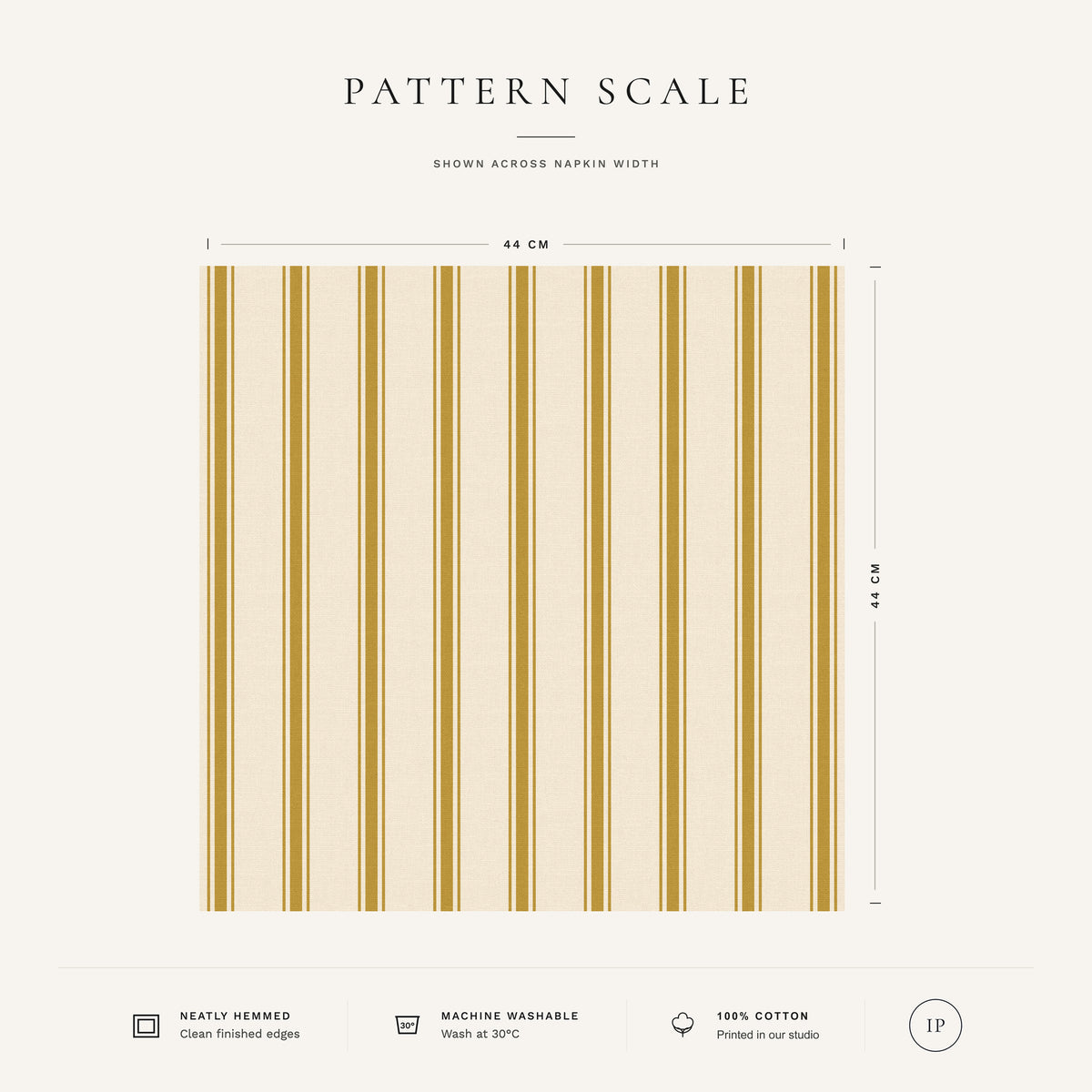 Gold on ivory Ticking Stripe Christmas napkin pattern scale, showing the full 44 cm by 44 cm design.