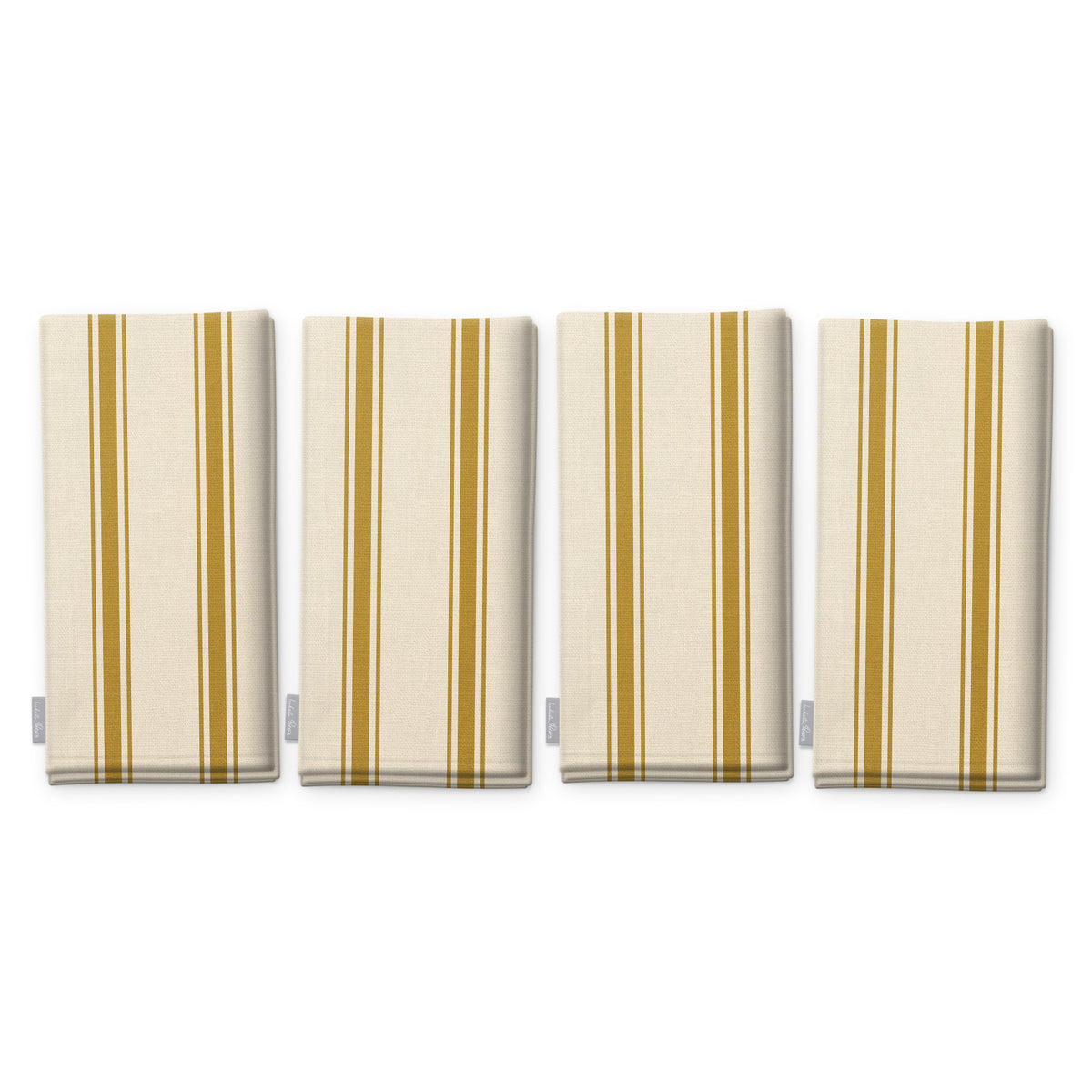 Ticking Stripe Christmas napkins in gold on ivory, set of four, folded on white, showing the same fine ticking stripes