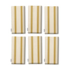 Ticking Stripe Christmas napkins in gold on ivory, set of six, folded on white, showing the same fine ticking stripes