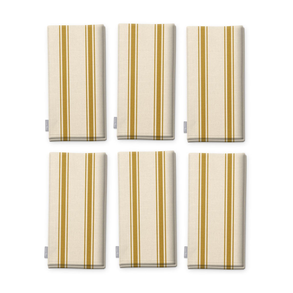 Ticking Stripe Christmas napkins in gold on ivory, set of six, folded on white, showing the same fine ticking stripes
